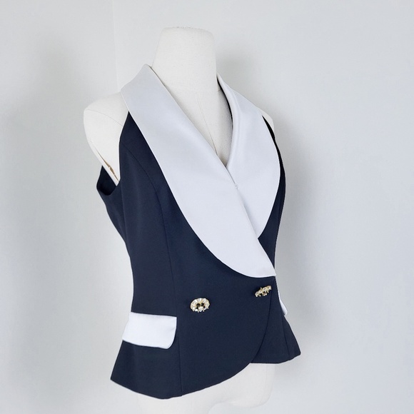 90's Waistcoat Black & White formal double breasted lapel V-neck plunge neckline - Picture 7 of 16